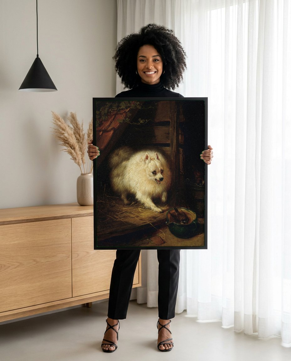 Quadro Decorativo Cão Defendendo Passarinho - Henriëtte Ronner-Knip | modelo apresentando o quadro emoldurado