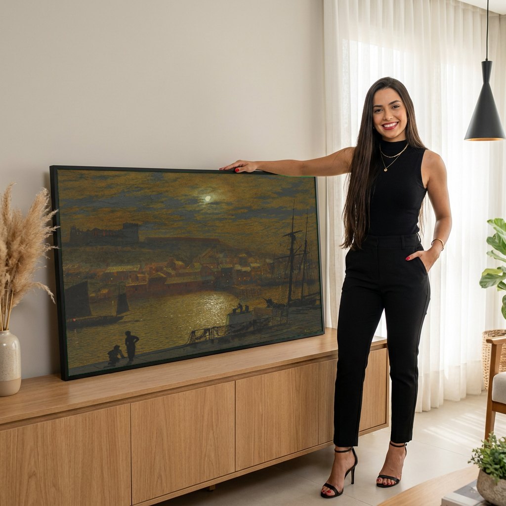 Quadro Decorativo Porto à Luz da Lua - Grimshaw | modelo apresentando o quadro emoldurado