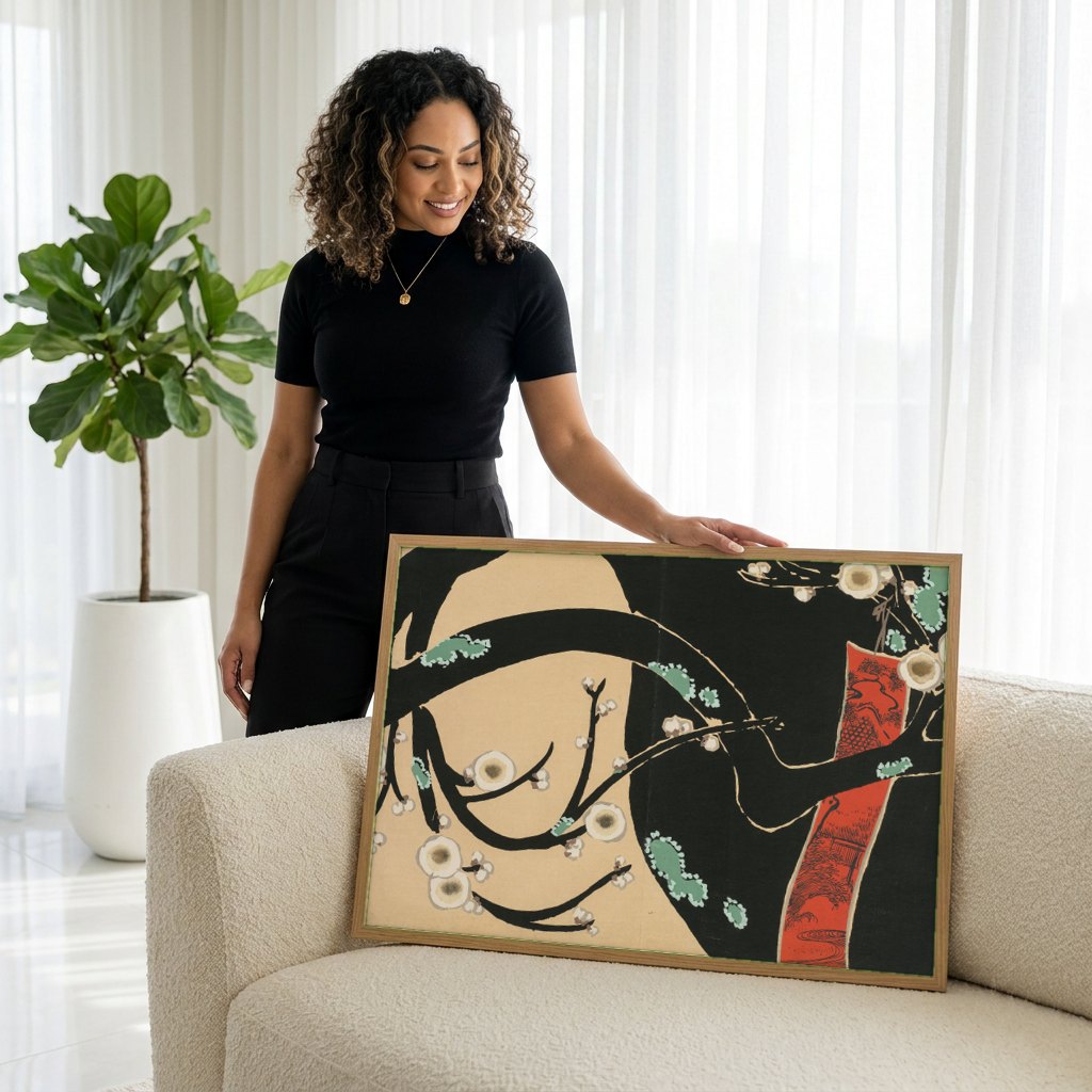 Quadro Decorativo Ameixeira em Flor - Kamisaka Sekka | modelo apresentando o quadro emoldurado