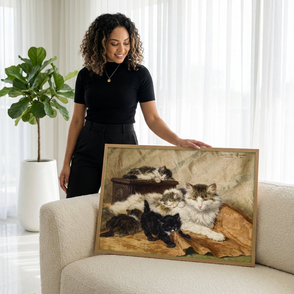 Quadro Decorativo Gatos e Filhotes - Henriëtte Ronner-Knip | modelo apresentando o quadro emoldurado
