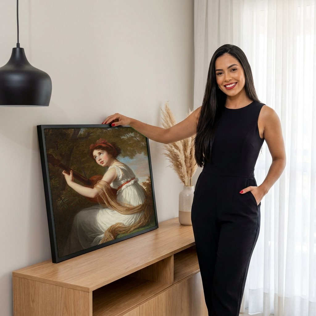 Quadro Decorativo A Jovem Guitarrista - Vigée Le Brun | modelo apresentando o quadro emoldurado