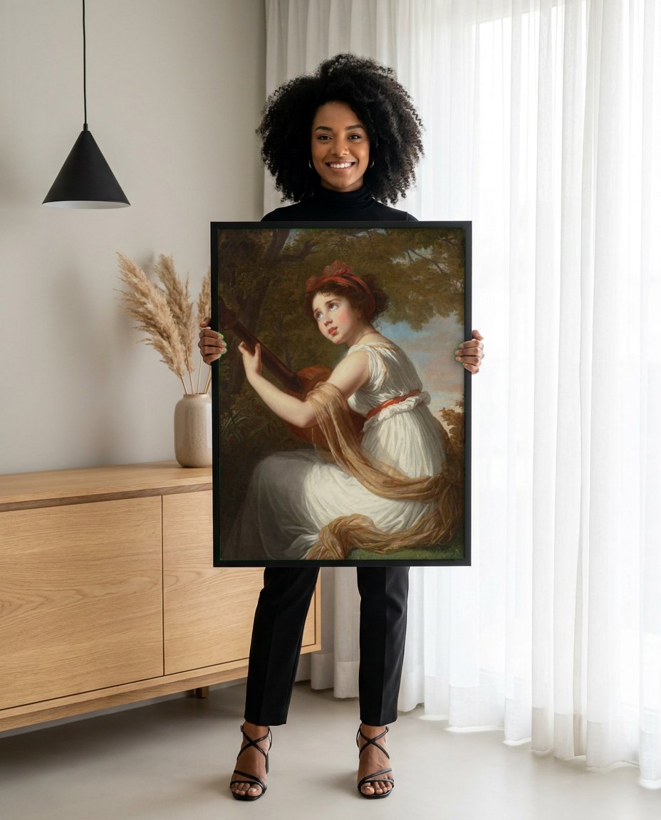 Quadro Decorativo A Jovem Guitarrista - Vigée Le Brun | modelo apresentando o quadro emoldurado