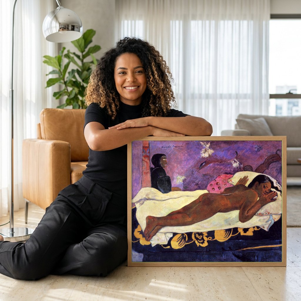 Quadro Decorativo Manao Tupapau (O Espírito dos Mortos) - Gauguin | modelo apresentando o quadro emoldurado