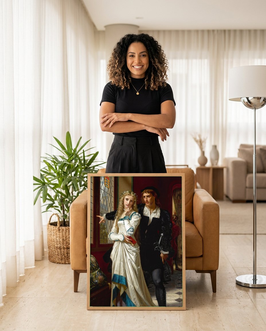 Quadro Decorativo A Despedida de Mercúrio e Herse - Hugues Merle | modelo apresentando o quadro emoldurado