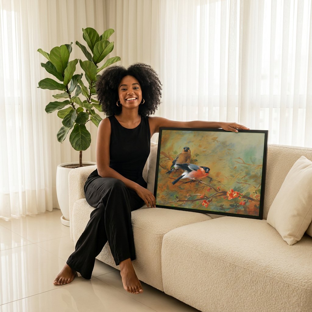 Quadro Decorativo Pássaros em Flor - Archibald Thorburn | modelo apresentando o quadro emoldurado
