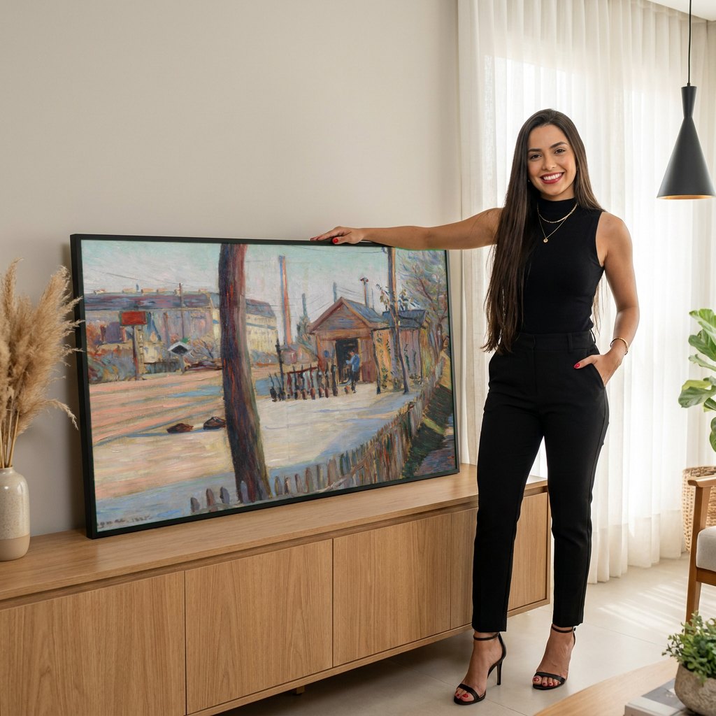 Quadro Decorativo Cena Urbana em Neve - Signac | modelo apresentando o quadro emoldurado