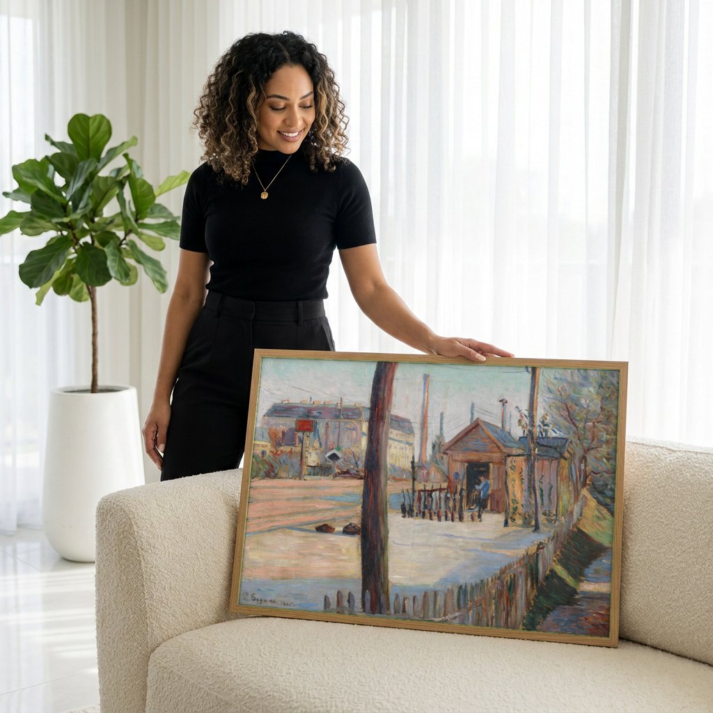 Quadro Decorativo Cena Urbana em Neve - Signac | modelo apresentando o quadro emoldurado