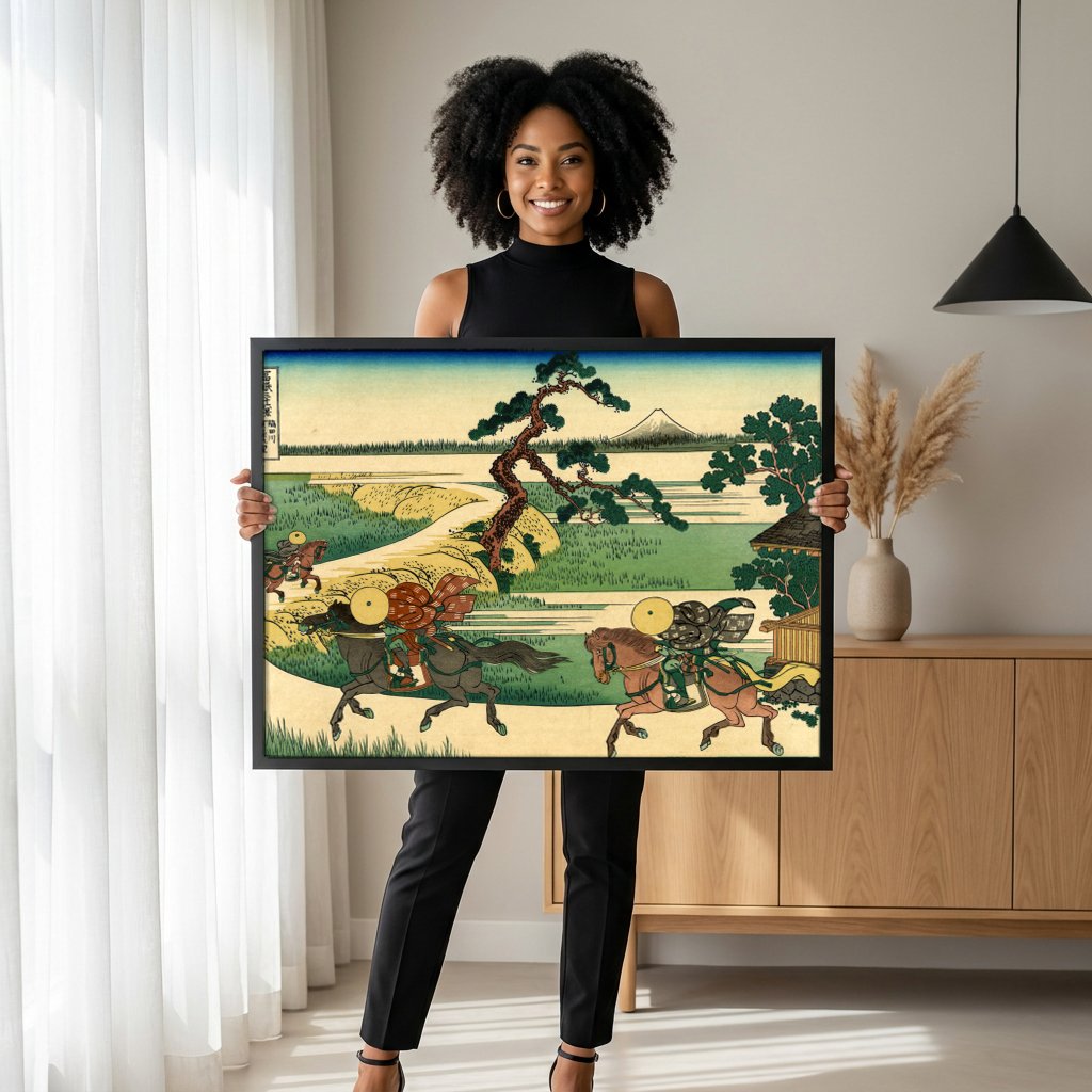Quadro Decorativo Hokusai - O Monte Fuji e Cavaleiros com modelo em ambiente