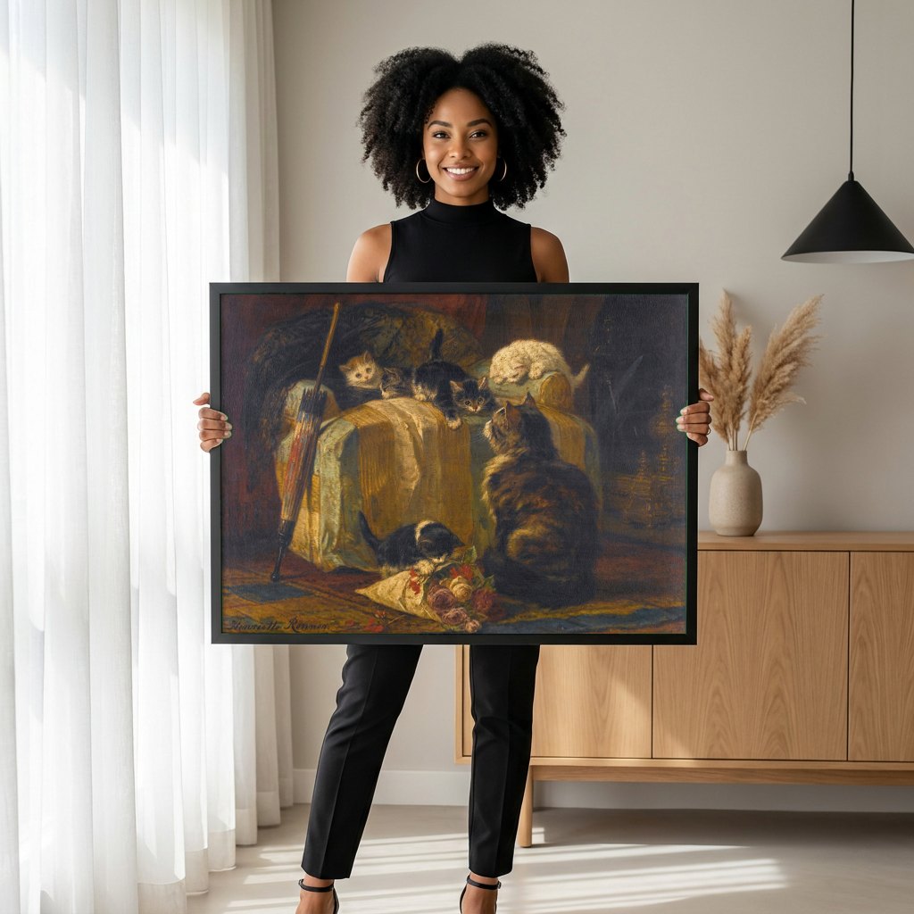 Quadro Decorativo Gatos e Gatinhos - Henriëtte Ronner Knip | modelo apresentando o quadro emoldurado