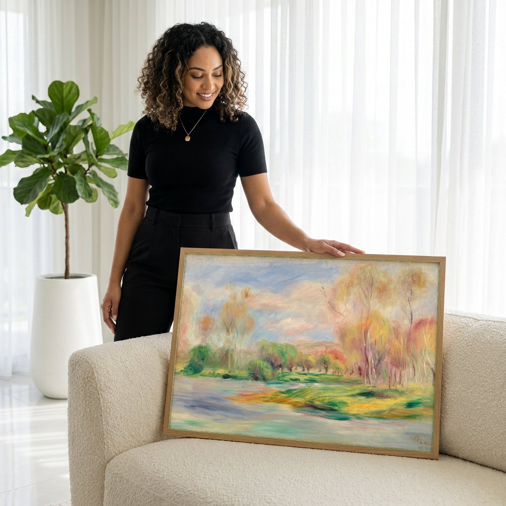 Quadro Decorativo Paisagem Outonal - Renoir | modelo apresentando o quadro emoldurado