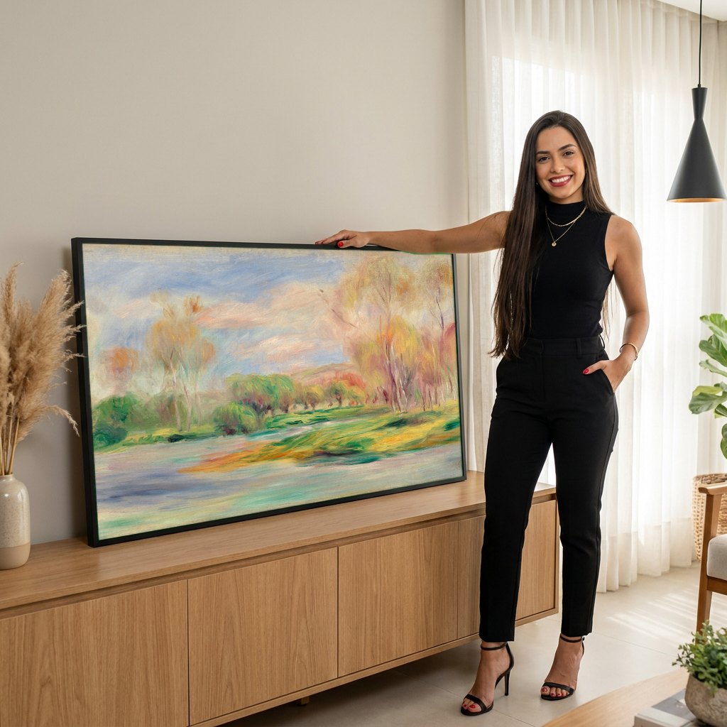 Quadro Decorativo Paisagem Outonal - Renoir | modelo apresentando o quadro emoldurado