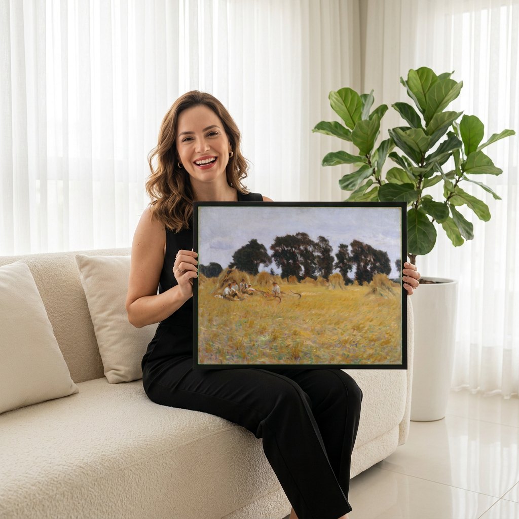 Quadro Decorativo Campo de Trigo com Ceifeiros - Sargent | modelo apresentando o quadro emoldurado