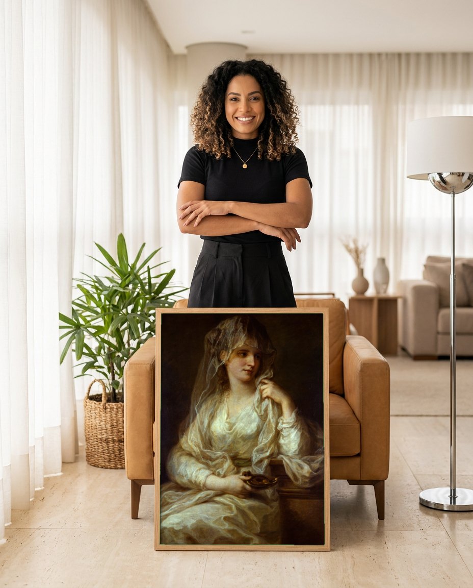 Quadro Decorativo A Vestal Virgem - Angelica Kauffmann | modelo apresentando o quadro emoldurado
