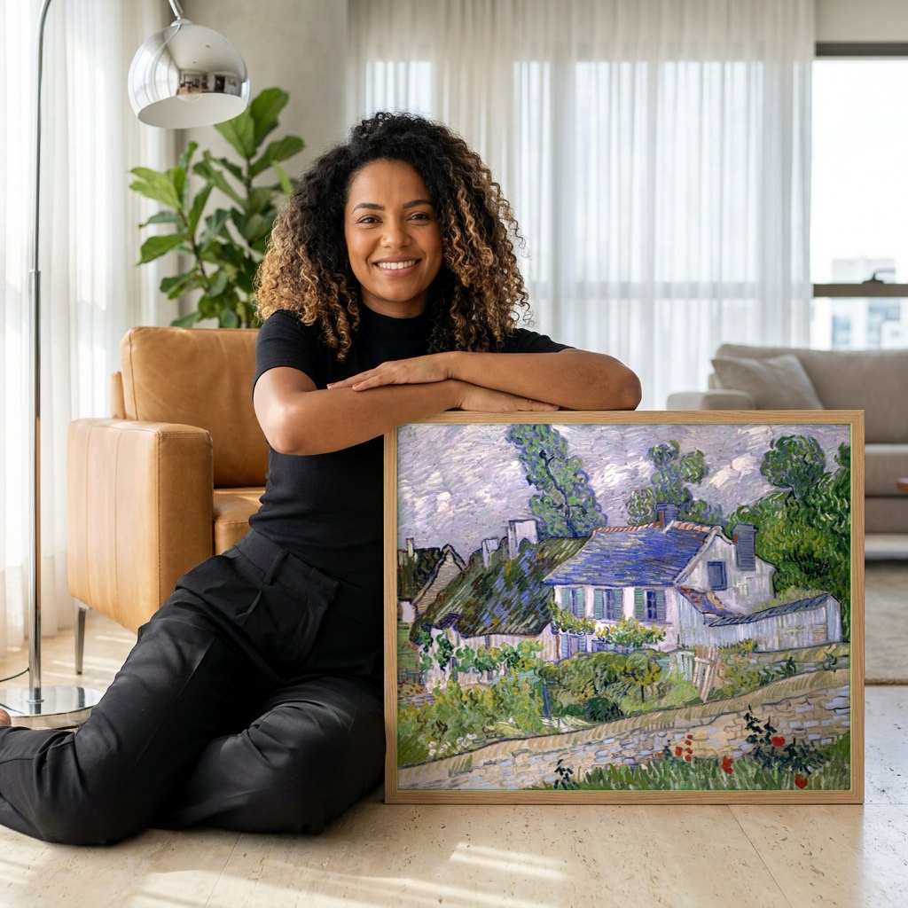 Quadro Decorativo Casas em Auvers-sur-Oise - Van Gogh | modelo apresentando o quadro emoldurado
