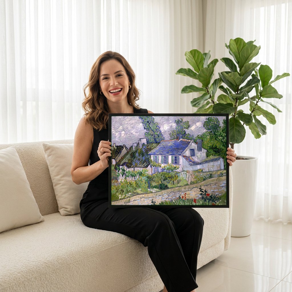 Quadro Decorativo Casas em Auvers-sur-Oise - Van Gogh | modelo apresentando o quadro emoldurado