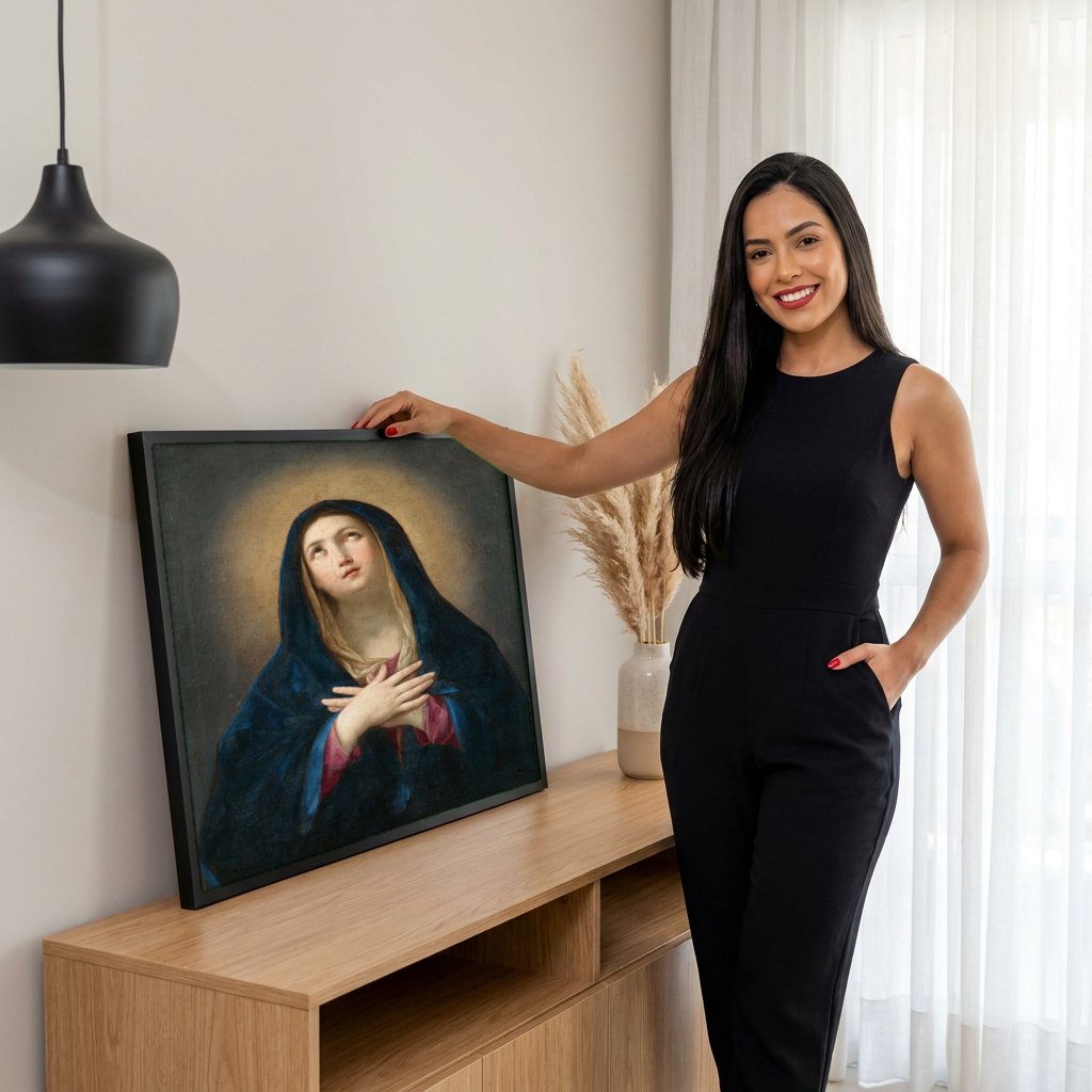 Quadro Decorativo A Virgem em Oração - Guido Reni | modelo apresentando o quadro emoldurado