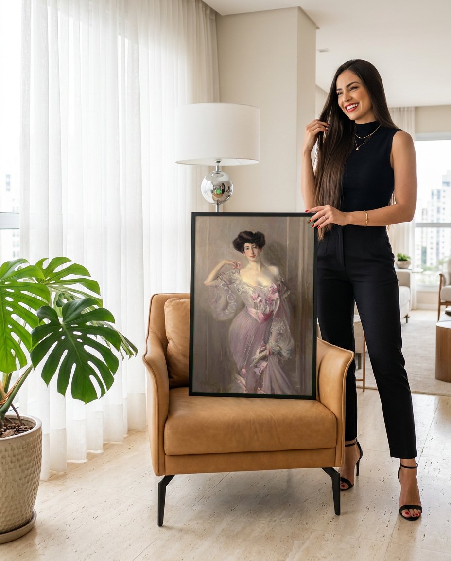 Quadro Decorativo Dama em Rosa - Giovanni Boldini | modelo apresentando o quadro emoldurado