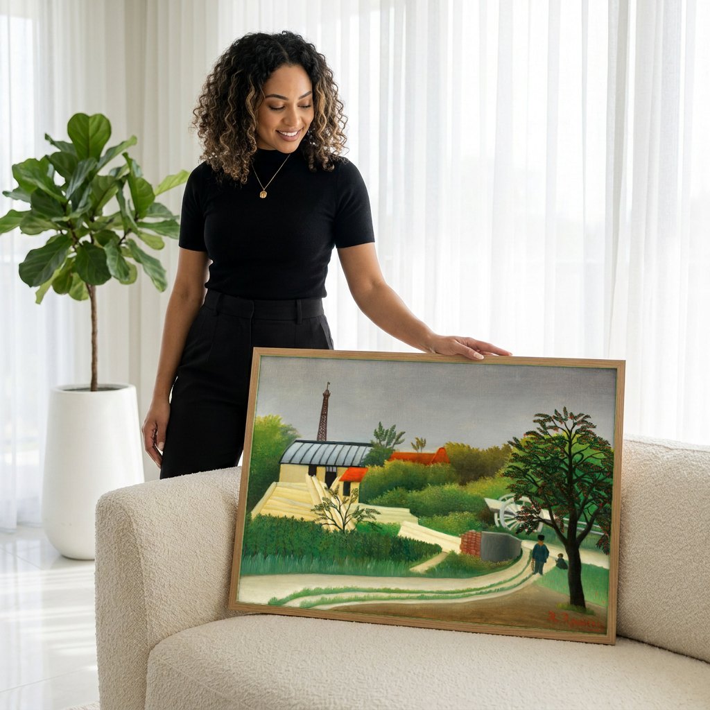 Quadro Decorativo A Carroça de Père Junier - Henri Rousseau | modelo apresentando o quadro emoldurado