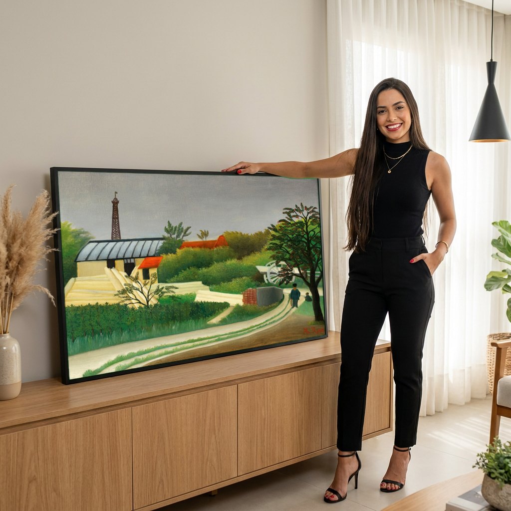 Quadro Decorativo A Carroça de Père Junier - Henri Rousseau | modelo apresentando o quadro emoldurado