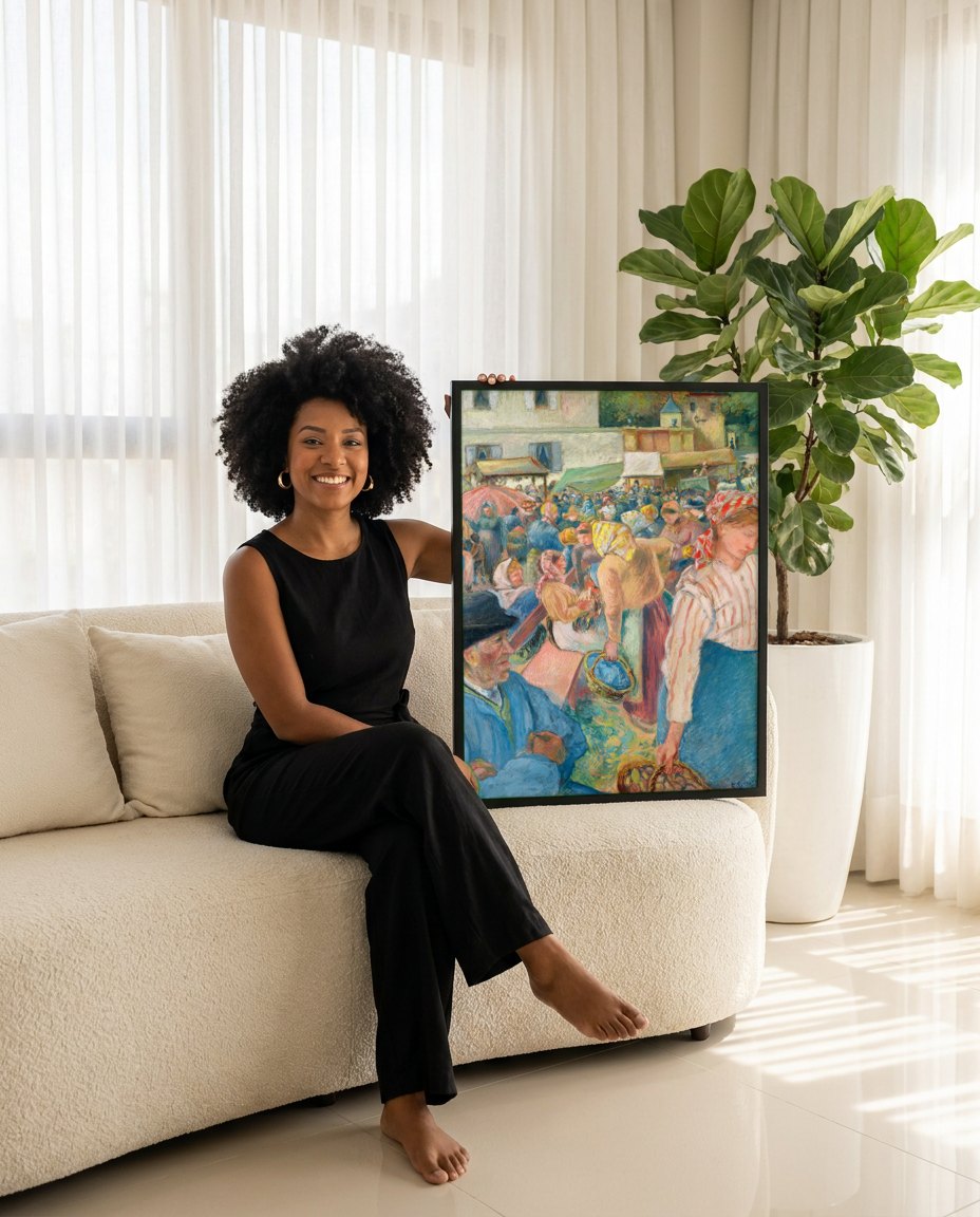 Quadro Decorativo Mercado em Pontoise - Pissarro | modelo apresentando o quadro emoldurado