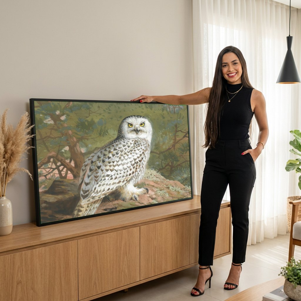 Quadro Decorativo Coruja-das-neves - Archibald Thorburn | modelo apresentando o quadro emoldurado
