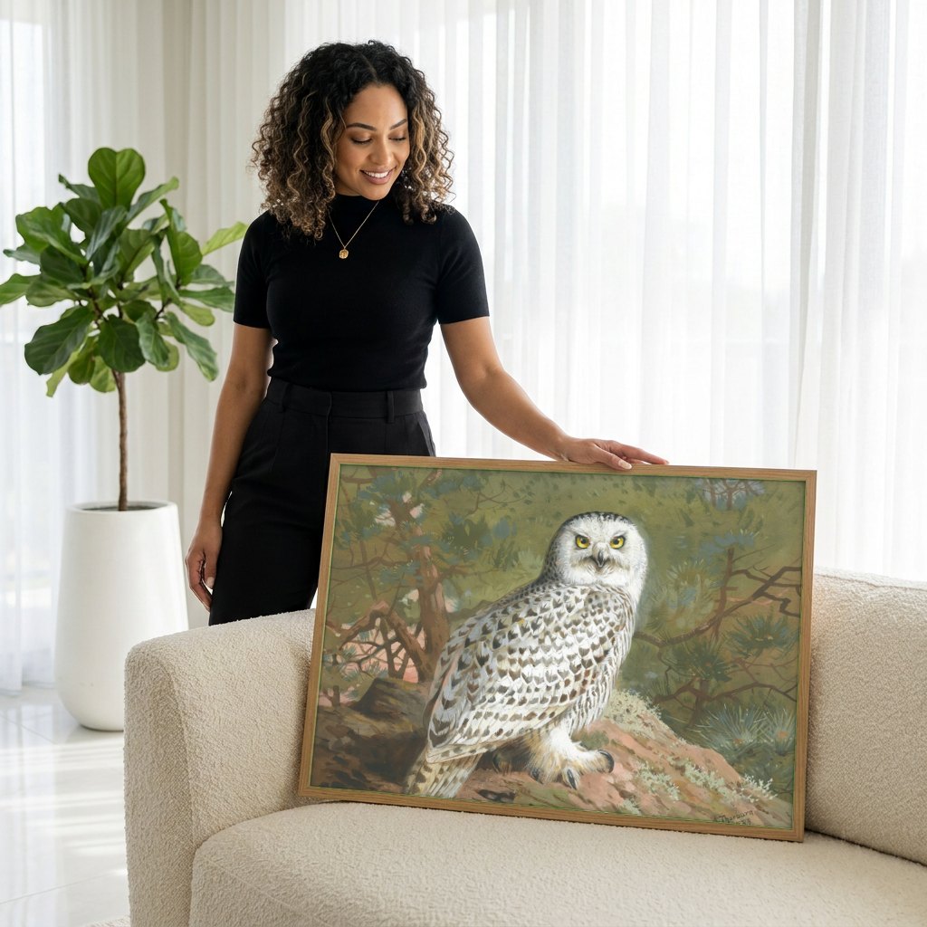Quadro Decorativo Coruja-das-neves - Archibald Thorburn | modelo apresentando o quadro emoldurado
