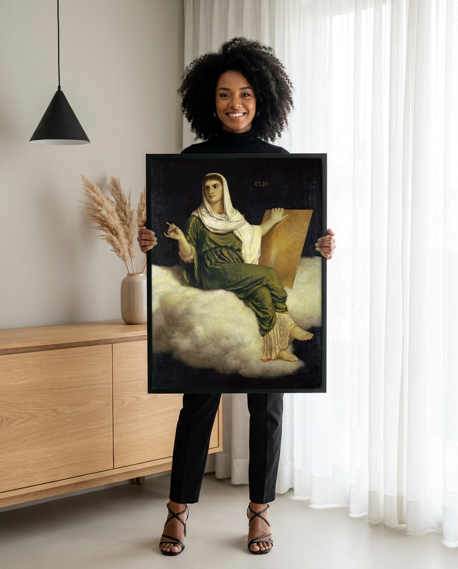 Quadro Decorativo Clio, a Musa da História - Arnold Böcklin | modelo apresentando o quadro emoldurado