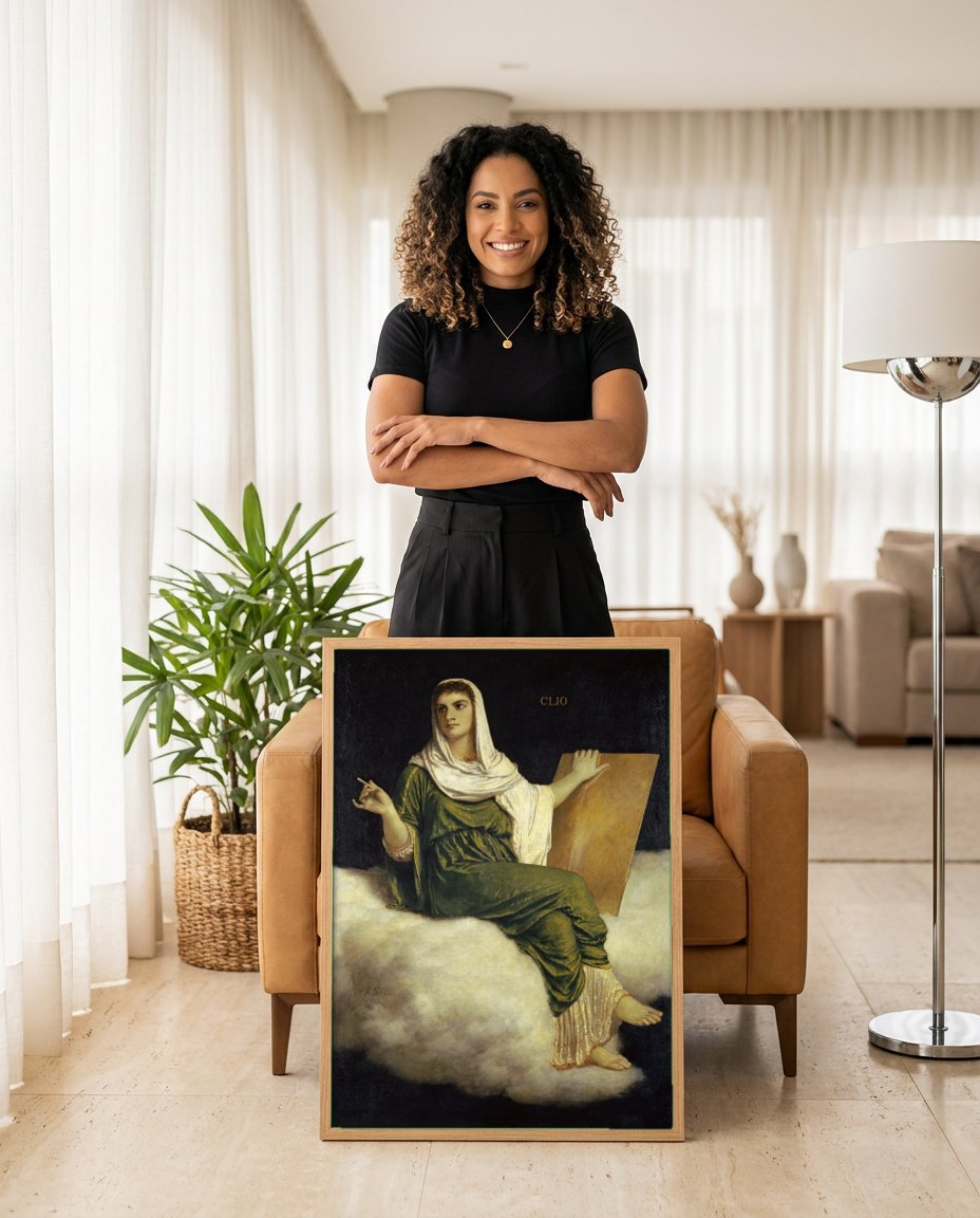 Quadro Decorativo Clio, a Musa da História - Arnold Böcklin | modelo apresentando o quadro emoldurado