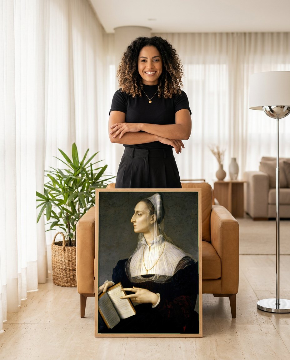 Quadro Decorativo Retrato de Dama com Livro - Bronzino | modelo apresentando o quadro emoldurado