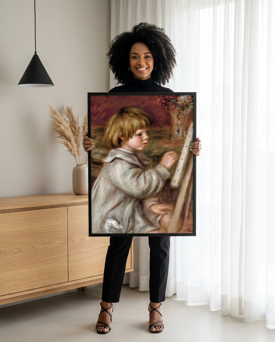 Quadro Decorativo Criança Pintando - Renoir | modelo apresentando o quadro emoldurado