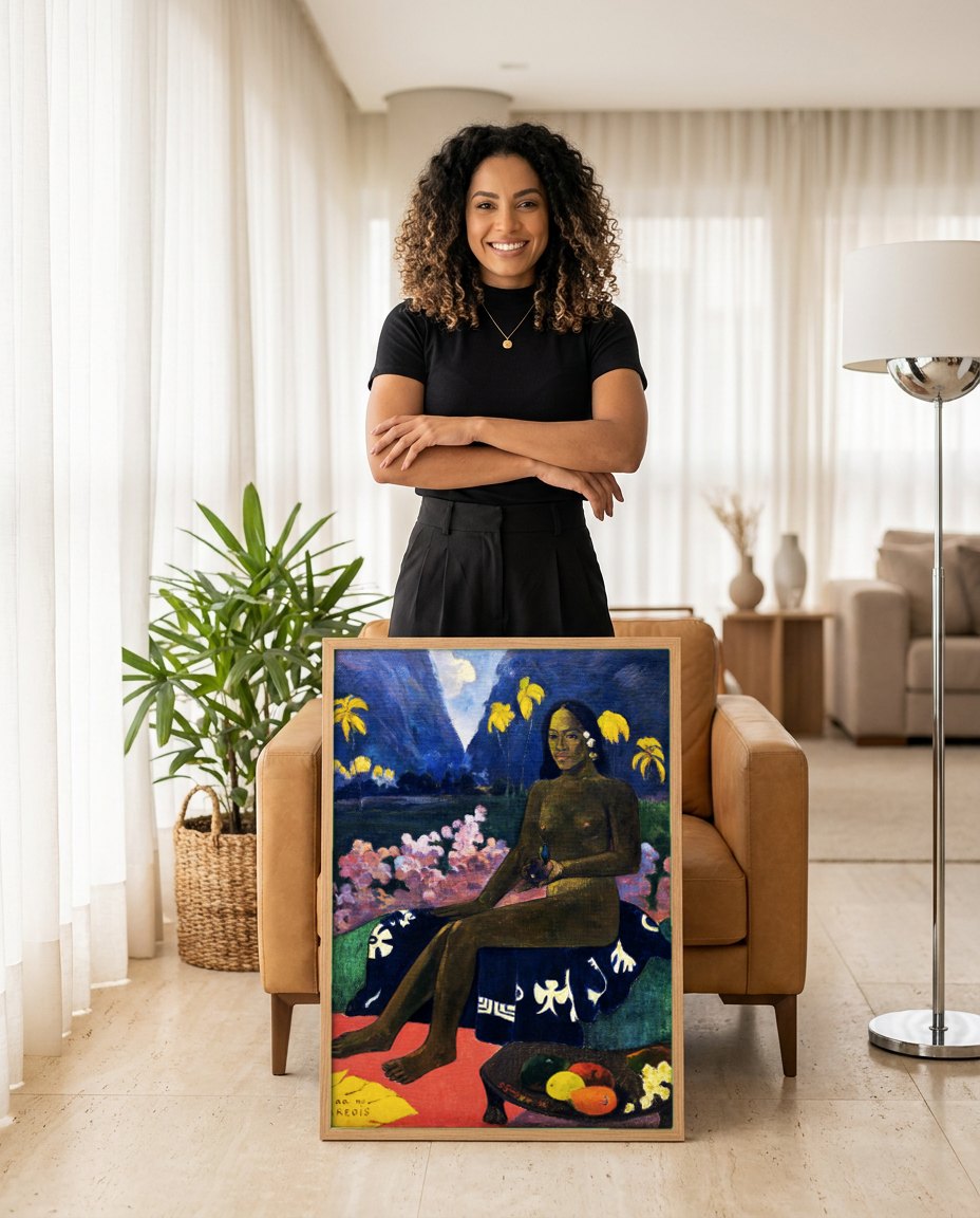 Quadro Decorativo Te aa no Areois - Gauguin | modelo apresentando o quadro emoldurado