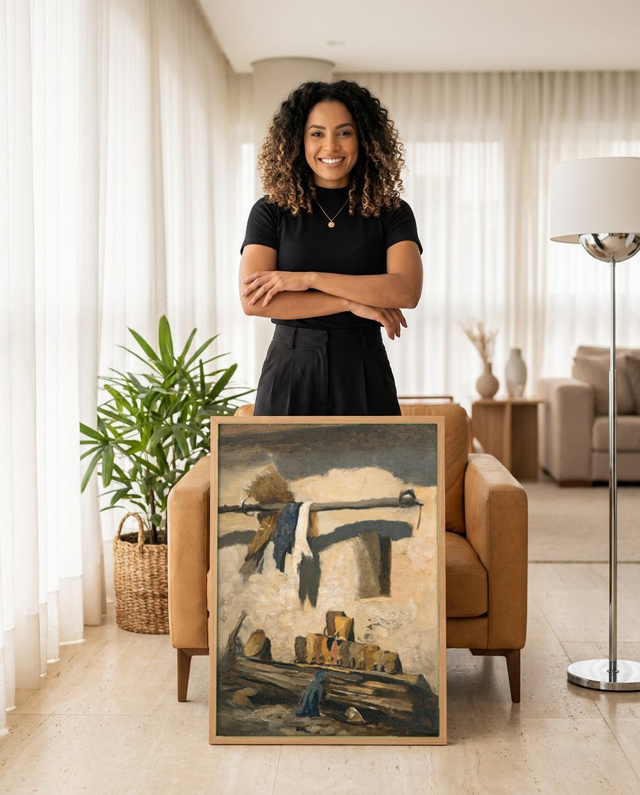 Quadro Decorativo Cena Rústica - Olga Wisinger-Florian | modelo apresentando o quadro emoldurado