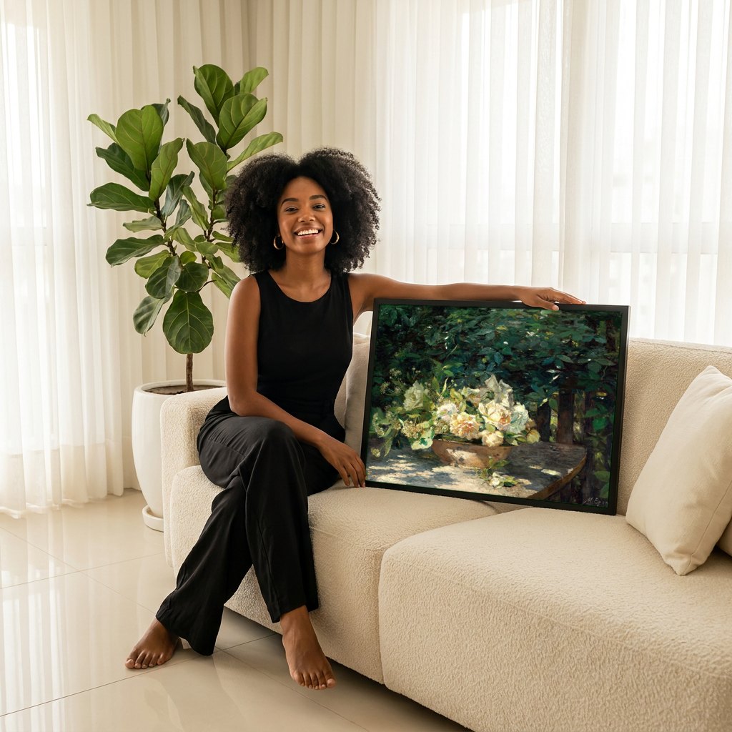 Quadro Decorativo Rosas Brancas no Jardim - Marie Egner | modelo apresentando o quadro emoldurado