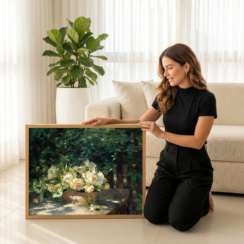Quadro Decorativo Rosas Brancas no Jardim - Marie Egner | modelo apresentando o quadro emoldurado