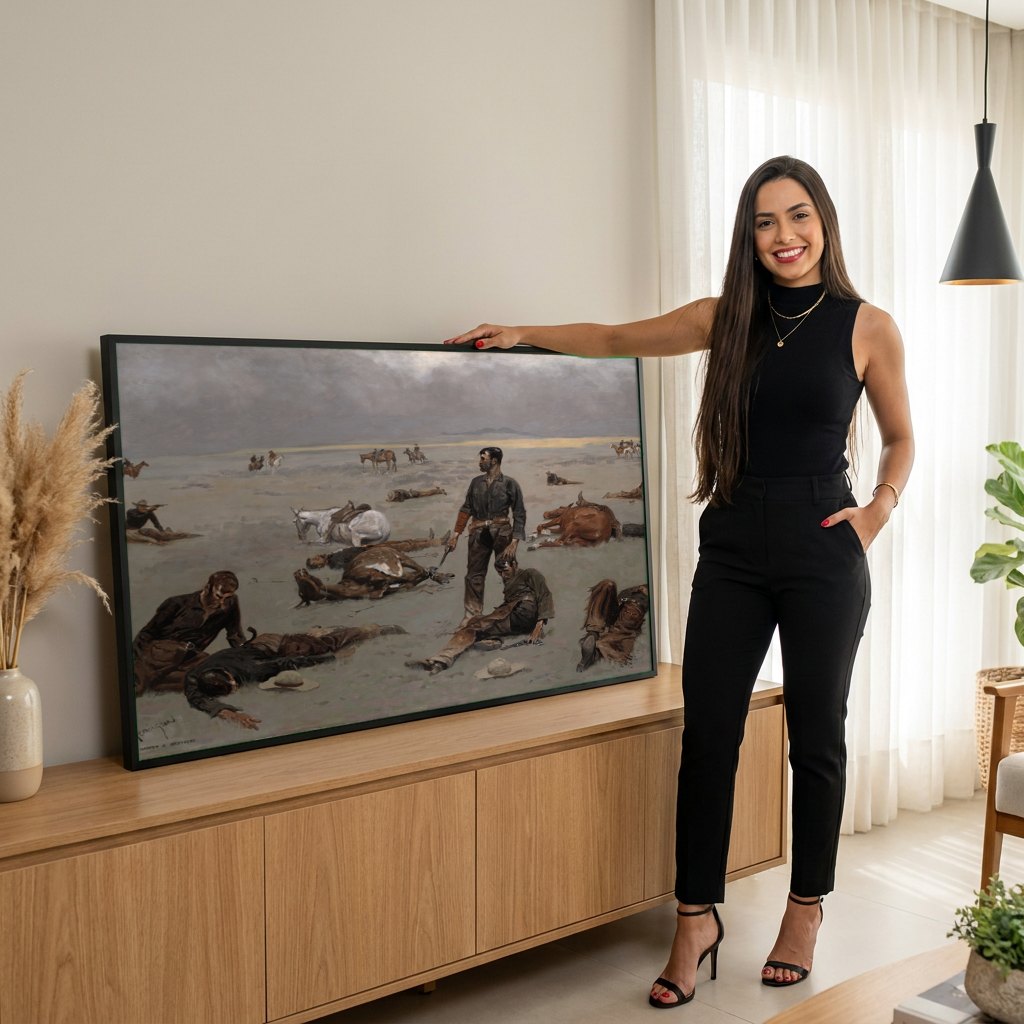 Quadro Decorativo 'The Last Stand' - Frederic Remington | modelo apresentando o quadro emoldurado
