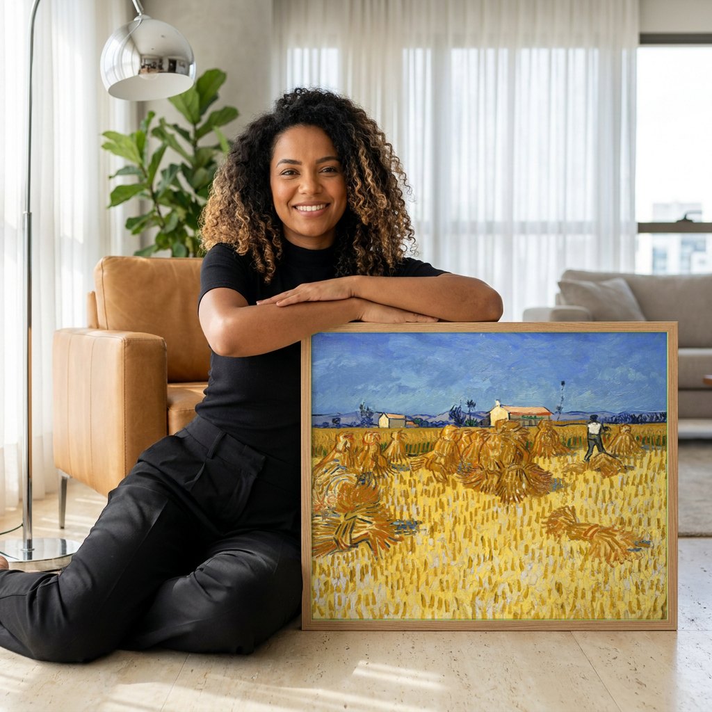 Quadro Decorativo Campo de Trigo com Ceifeiro - Van Gogh | modelo apresentando o quadro emoldurado