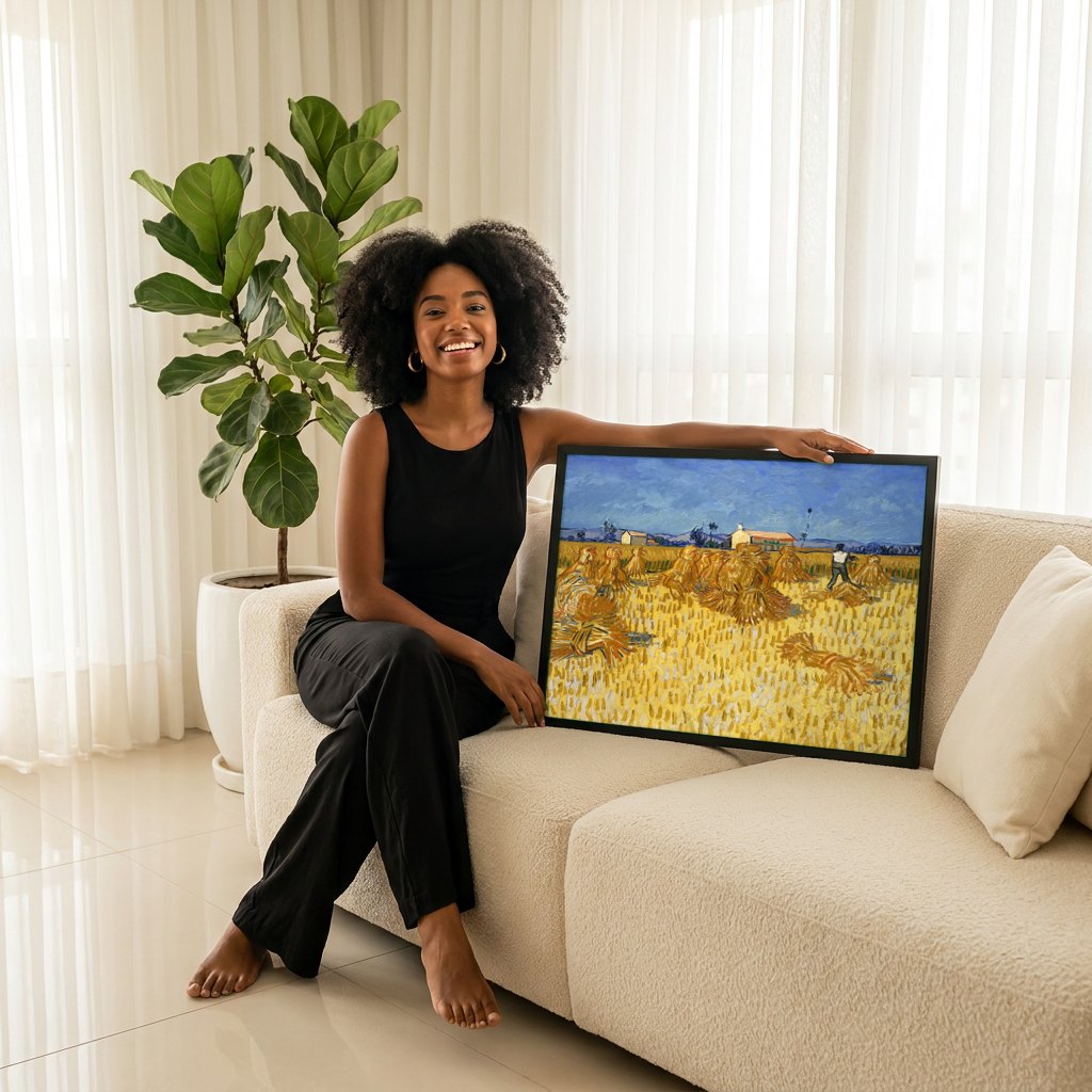 Quadro Decorativo Campo de Trigo com Ceifeiro - Van Gogh | modelo apresentando o quadro emoldurado