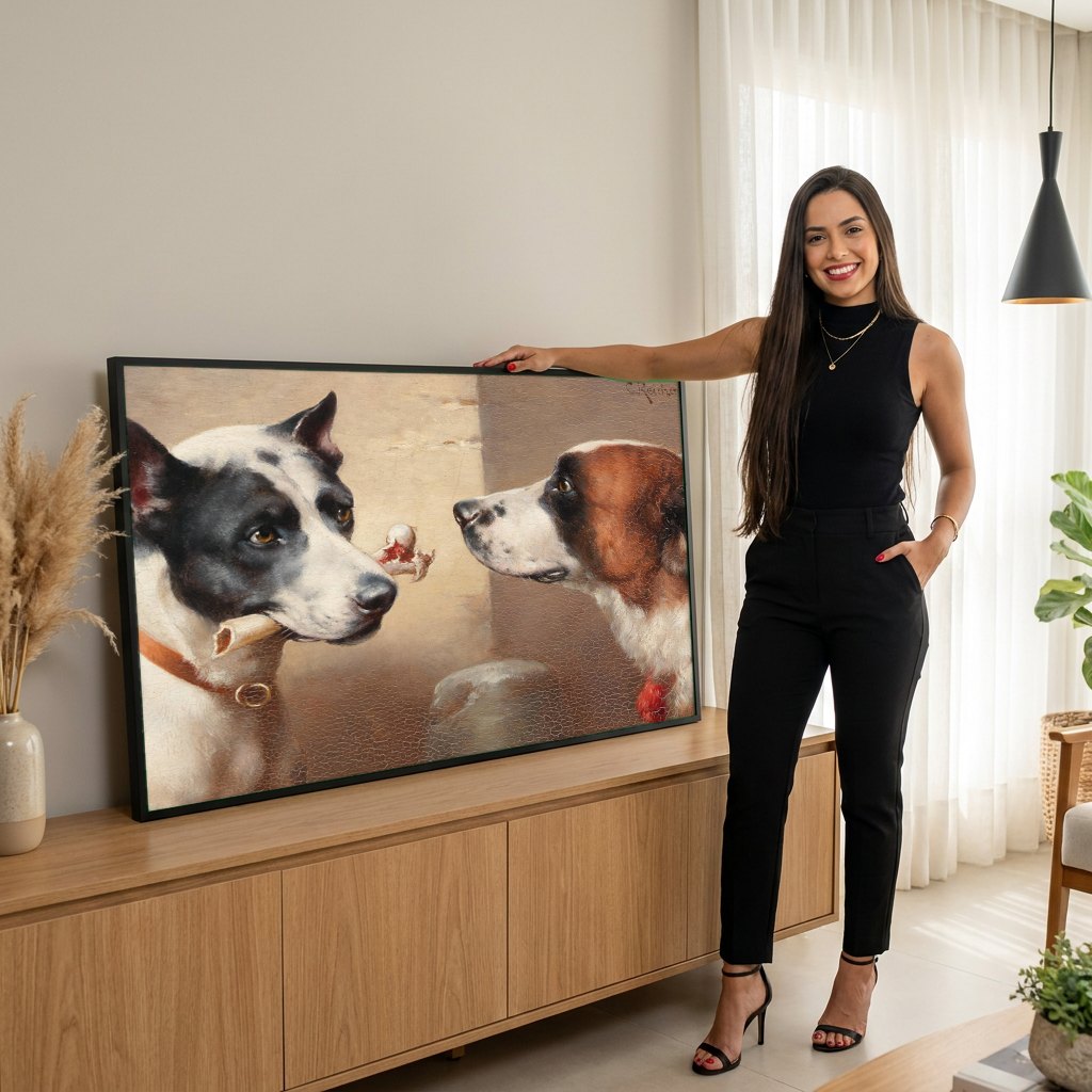 Quadro Decorativo Cães e o Osso - Carl Reichert | modelo apresentando o quadro emoldurado
