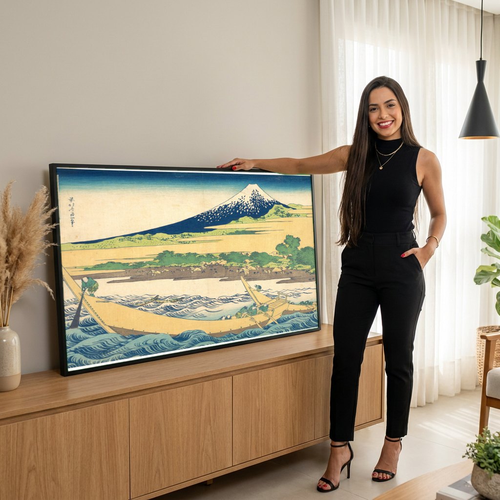 Quadro Decorativo A Passagem do Rio Fuji - Hokusai | modelo apresentando o quadro emoldurado