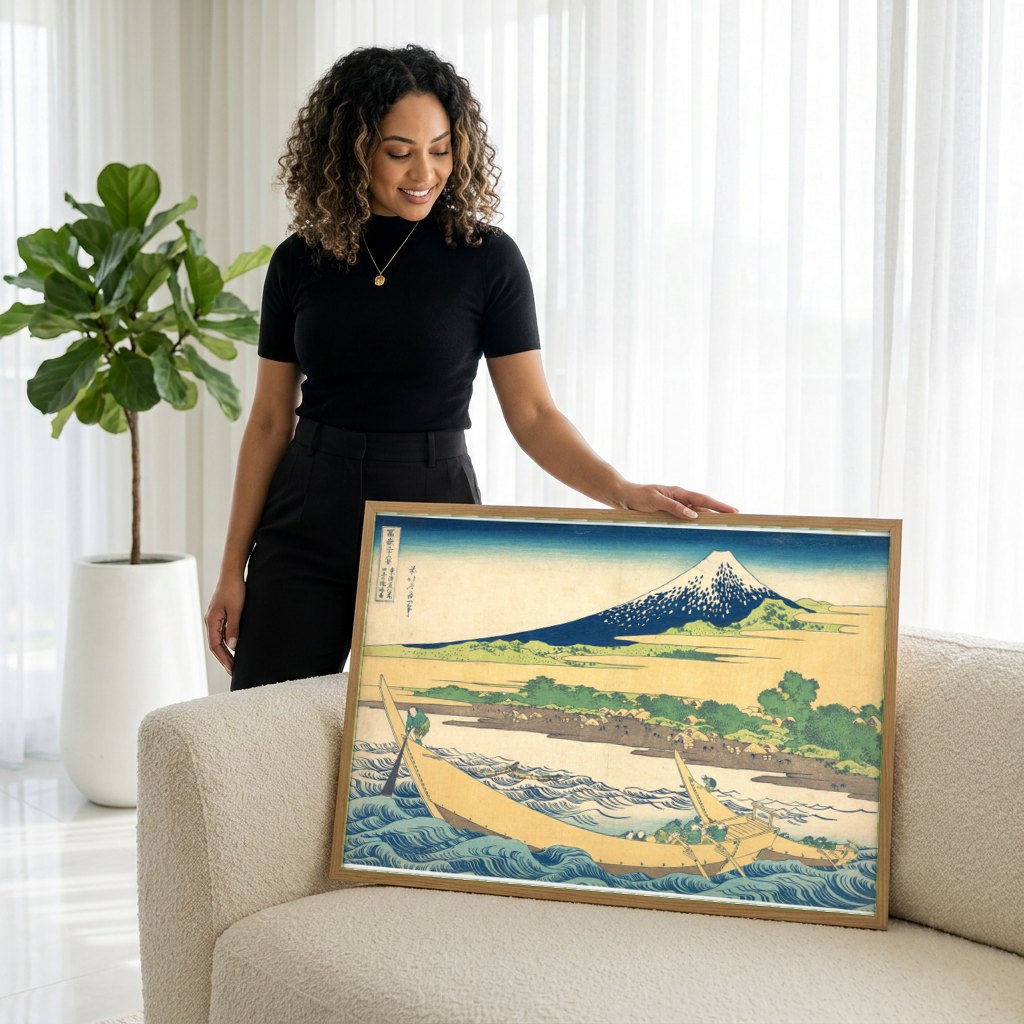 Quadro Decorativo A Passagem do Rio Fuji - Hokusai | modelo apresentando o quadro emoldurado