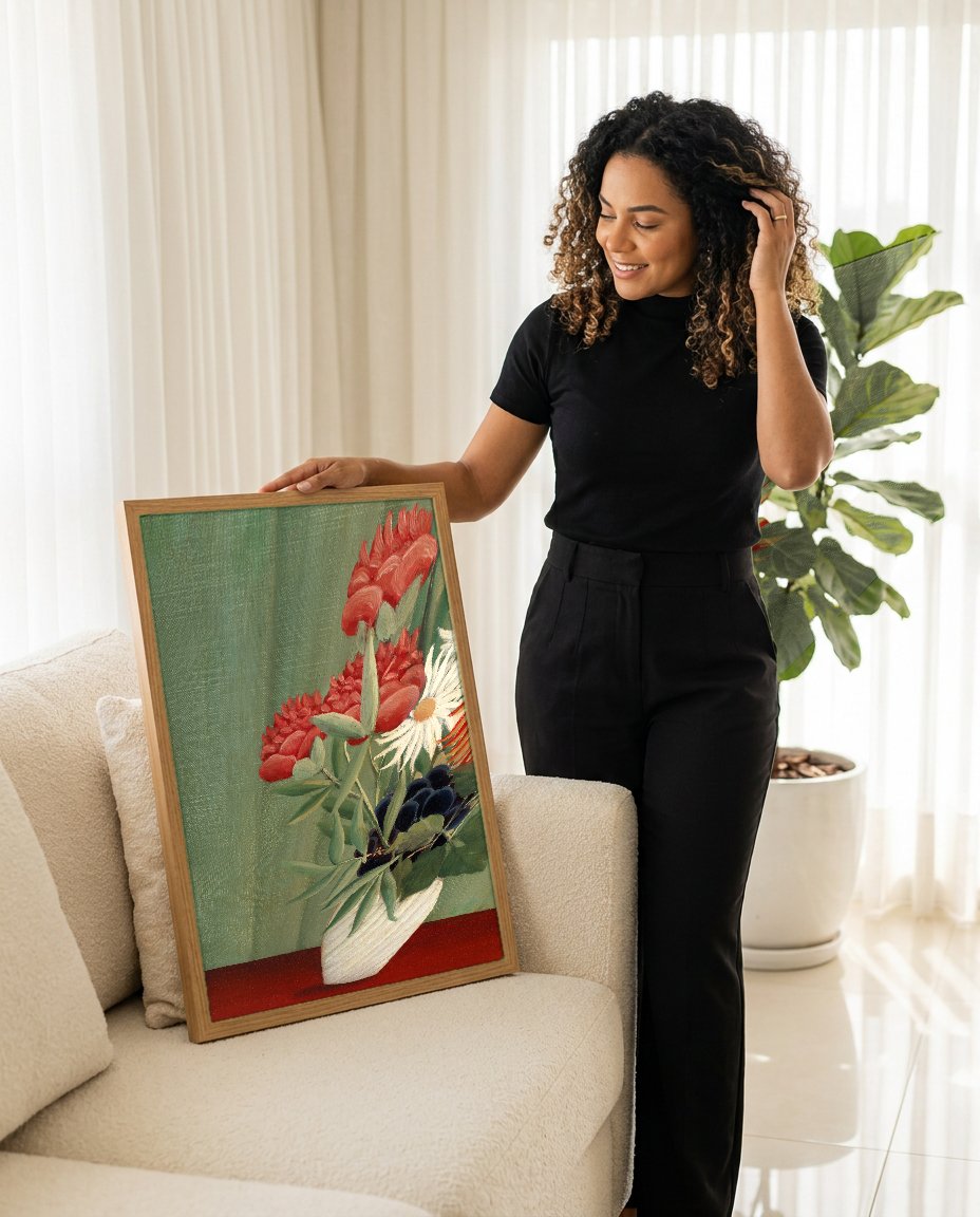 Quadro Decorativo 'Flores no Vaso' - Henri Rousseau com modelo em ambiente