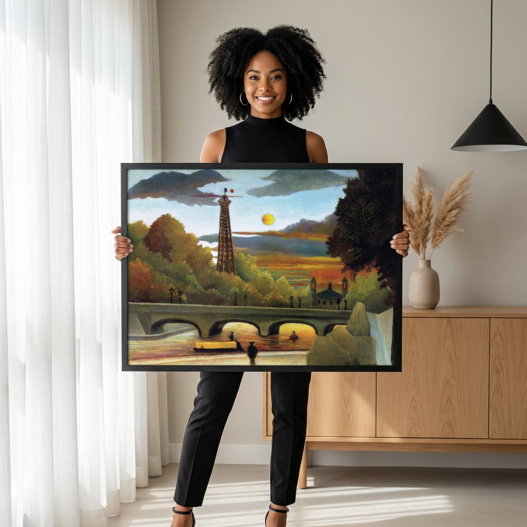 Quadro Decorativo A Torre Eiffel - Henri Rousseau com modelo em ambiente
