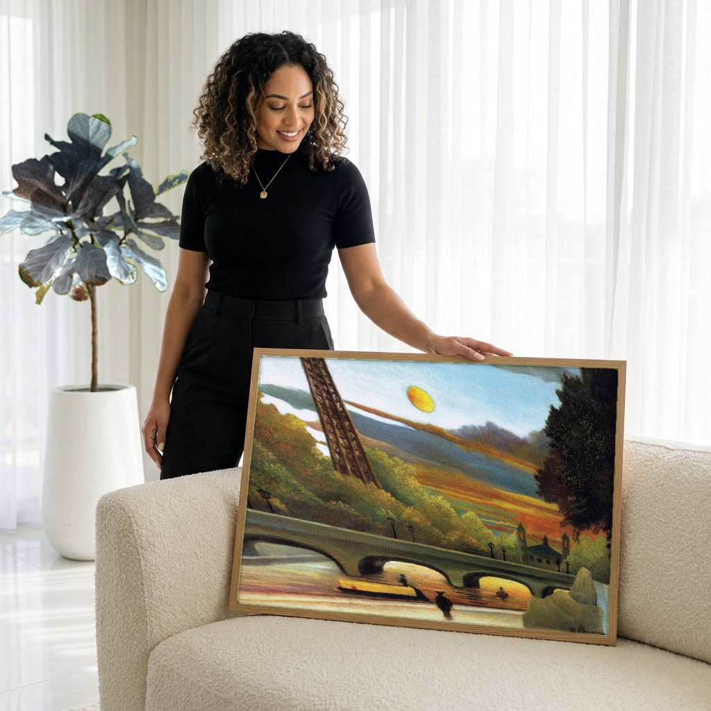 Quadro Decorativo A Torre Eiffel - Henri Rousseau com modelo em ambiente