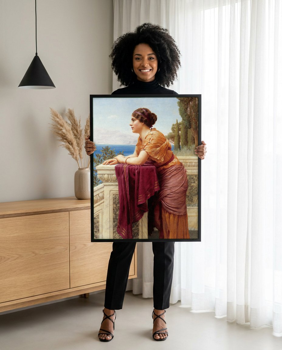 Quadro Decorativo A Espera - John William Godward com modelo em ambiente