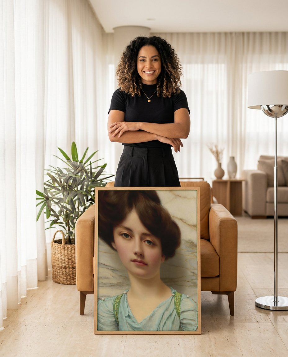 Quadro Decorativo 'A Sereia' - John William Godward com modelo em ambiente