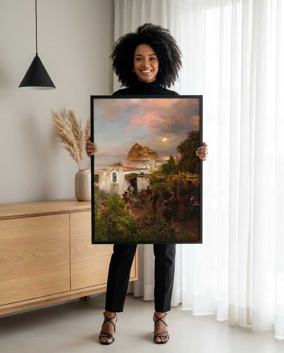 Quadro Decorativo Noite na Costa Italiana - Oswald Achenbach com modelo em ambiente