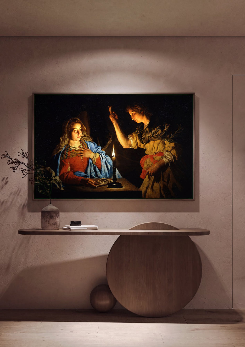 Quadro Decorativo A Anunciação - Matthias Stomer em ambiente decorado