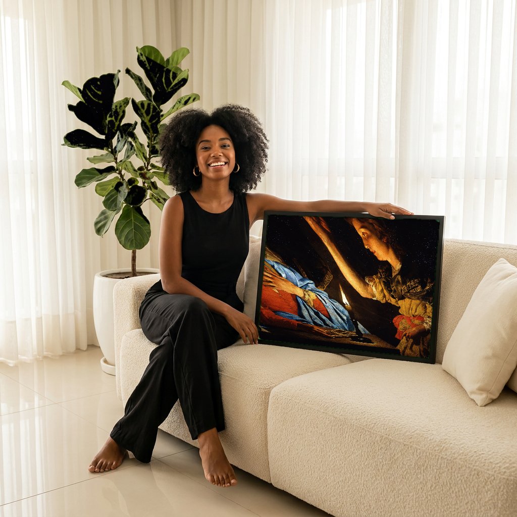 Quadro Decorativo A Anunciação - Matthias Stomer com modelo em ambiente