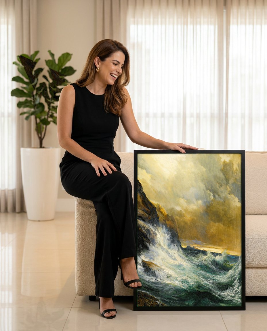 Quadro Decorativo Mar Agitado e Falésias - Thomas Moran com modelo em ambiente