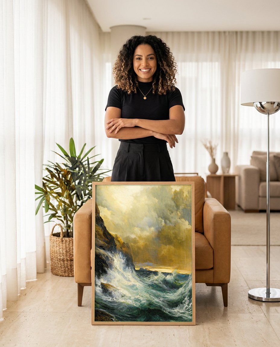Quadro Decorativo Mar Agitado e Falésias - Thomas Moran com modelo em ambiente